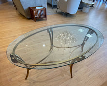 Load image into Gallery viewer, Oval Glass Top Coffee Table with Gold Leaf Metal Base