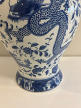 Load image into Gallery viewer, Large Blue & White Porcelain Ginger Jar with Dragon & Floral Pattern from Chelsea House