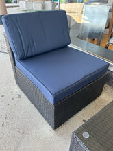 Load image into Gallery viewer, NEW Pair of Woven  Outdoor Chairs with Navy Cushions & Glass Top Woven Coffee Table