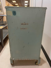 Load image into Gallery viewer, Vintage Shabby Chic Side Table/Cabinet on Casters with Green Detailing