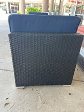 Load image into Gallery viewer, NEW Pair of Woven  Outdoor Chairs with Navy Cushions & Glass Top Woven Coffee Table