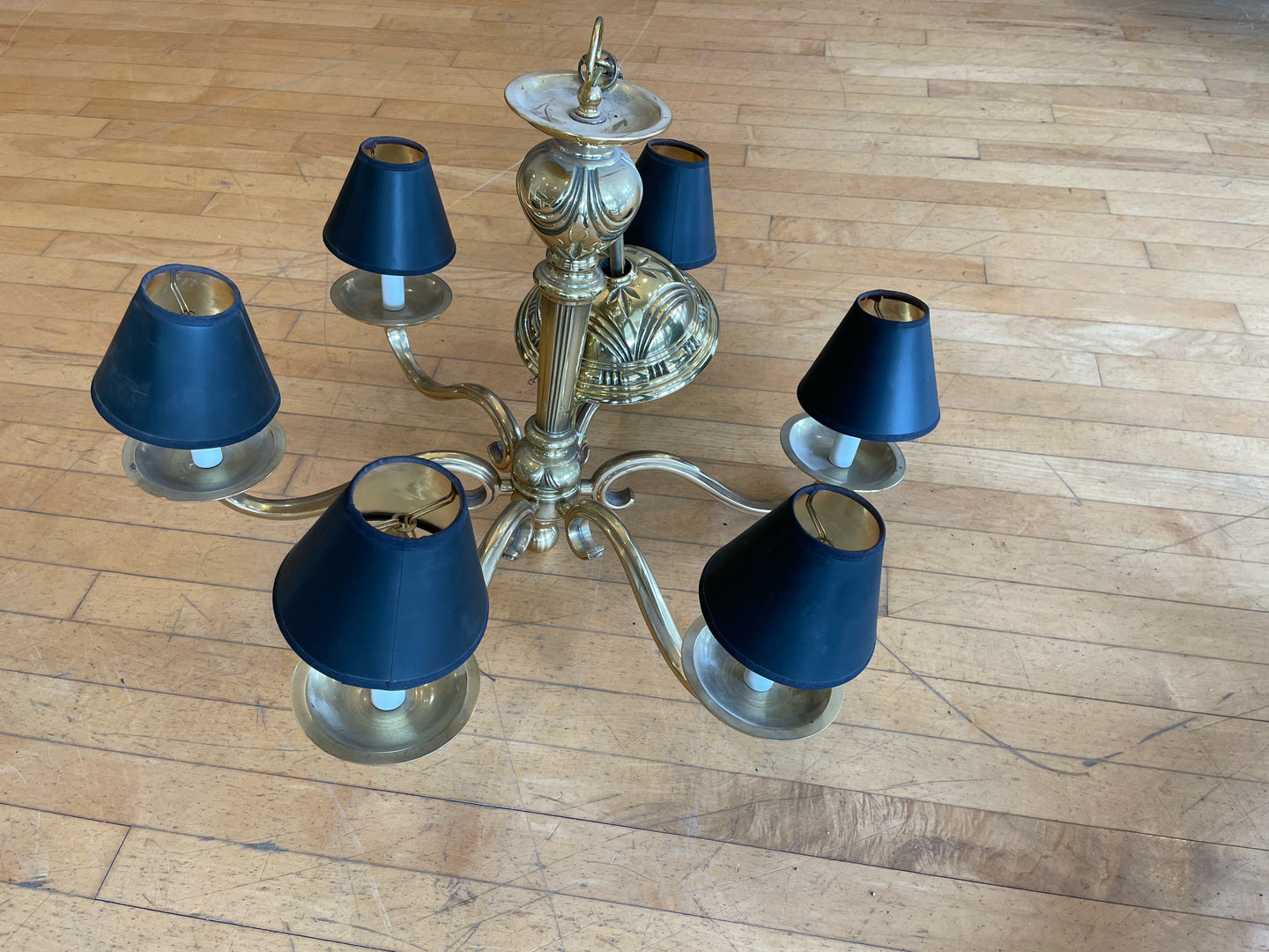 Six Arm Brass Chandelier with  Black Shades