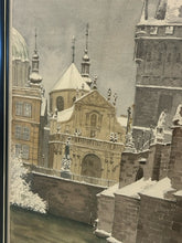 Load image into Gallery viewer, Framed Watercolor of Charles Bridge in Prague Covered in Snow