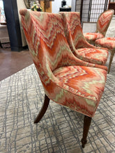 Load image into Gallery viewer, Pair of Orange & Cream Chevron Pattern Upholstered High Back Chairs