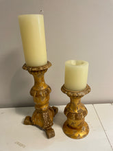 Load image into Gallery viewer, Pair of Distressed Gold Candleholders with Candles from Pottery Barn