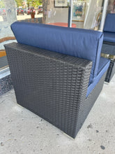 Load image into Gallery viewer, NEW Pair of Woven  Outdoor Chairs with Navy Cushions & Glass Top Woven Coffee Table