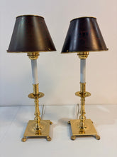 Load image into Gallery viewer, Pair of Brass Candlestick Buffet Lamps with Painted Brass Shades