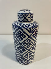 Load image into Gallery viewer, Blue & White Geometric Pattern Lidded Ceramic Jar
