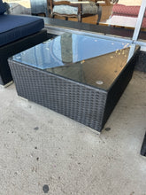 Load image into Gallery viewer, NEW Pair of Woven  Outdoor Chairs with Navy Cushions & Glass Top Woven Coffee Table