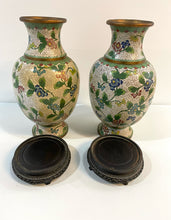 Load image into Gallery viewer, Pair of Vintage Cloisonne Enameled Copper Vases with Wood Base