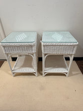 Load image into Gallery viewer, Pair of White Wicker Nightstands with Glass Tops