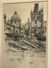 Load image into Gallery viewer, Framed Etching of Charles Bridge  Prague Czech Republic, signed