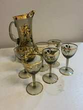 Load image into Gallery viewer, MCM Smoked Glass Pitcher & 6 Glasses with  Gold Detailing made in Hungary