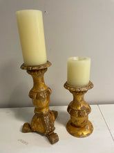Load image into Gallery viewer, Pair of Distressed  Gold Candleholders with Candles from Pottery Barn