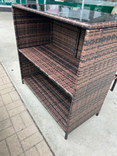 Load image into Gallery viewer, NEW Woven Outdoor Bar with Glass Top and Shelf & Two Stools with Light Tan Cushions