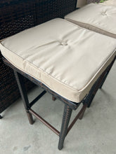 Load image into Gallery viewer, NEW Woven Outdoor Bar with Glass Top and Shelf & Two Stools with Light Tan Cushions