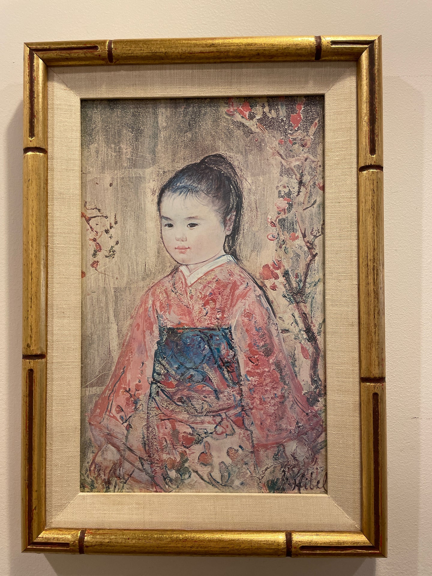 Print of Asian Girl in Bamboo Frame by Edna Hibel
