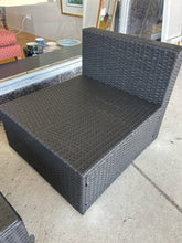 Load image into Gallery viewer, NEW Pair of Woven  Outdoor Chairs with Navy Cushions & Glass Top Woven Coffee Table