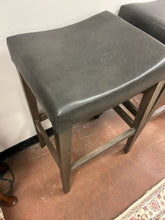 Load image into Gallery viewer, Pair of "Vail Saddle" Barstools in Greyland Maple with "Pewter" Leather Seats from Bassett Furniture