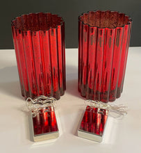 Load image into Gallery viewer, Pair of Red Mercury Glass Hurricanes with Sparkle Lights