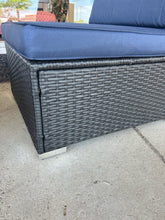 Load image into Gallery viewer, NEW Pair of Woven  Outdoor Chairs with Navy Cushions & Glass Top Woven Coffee Table