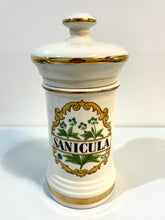 Load image into Gallery viewer, Vintage Sanicula Apothecary Jar with Gold Accents and Lid