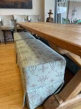 Load image into Gallery viewer, Custom Upholstered Sea Foam Green Bench on Wheels