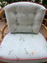 Load image into Gallery viewer, Pair of Vintage Bent Bamboo/Rattan Arm Chairs with Cushions Featuring Birds & Reed Upholstery