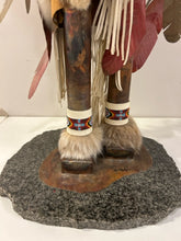 Load image into Gallery viewer, Artist Created Indian with  Ceremonial Metal Feathered Headdress &amp; Fur Clothing on Granite Base, Signed by Artist
