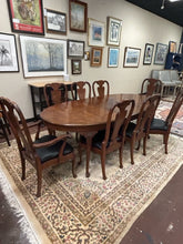 Load image into Gallery viewer, Oval Parquet Top Dining Table, Three 20" Leaves & Pads, 2 Arm and 6 Side Black Upholstered Chairs from Henredon Furniture