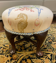 Load image into Gallery viewer, Upholstered Foot Stool with Carved Wood Base