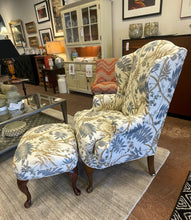 Load image into Gallery viewer, Custom Floral Queen Anne Style Upholstered Wing Back Chair with Ottoman