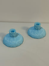 Load image into Gallery viewer, Vintage Blue Satin "Water Lily" Taper Candle Holders from Fenton Glass