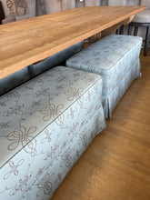Load image into Gallery viewer, Custom Upholstered Sea Foam Green Bench on Wheels