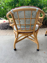 Load image into Gallery viewer, Pair of Vintage Bent Bamboo/Rattan Arm Chairs with Cushions Featuring Birds & Reed Upholstery
