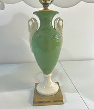Load image into Gallery viewer, Pair of Green Neoclassical Porcelain Urn Lamps with Swan Handles and Brass Base