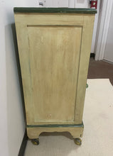 Load image into Gallery viewer, Vintage Shabby Chic Side Table/Cabinet on Casters with Green Detailing