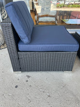 Load image into Gallery viewer, NEW Pair of Woven  Outdoor Chairs with Navy Cushions & Glass Top Woven Coffee Table