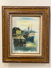 Load image into Gallery viewer, Framed Oil Painting of Harbor &amp; Lighthouse, signed
