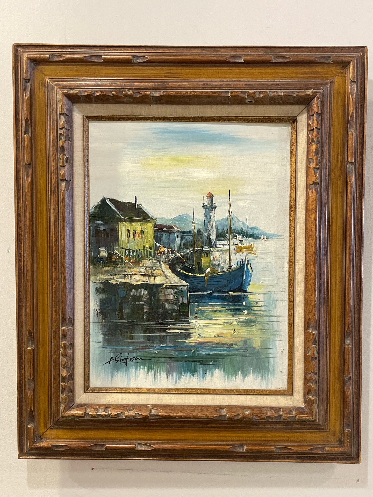Framed Oil Painting of Harbor & Lighthouse, signed