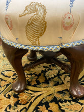Load image into Gallery viewer, Upholstered Foot Stool with Carved Wood Base