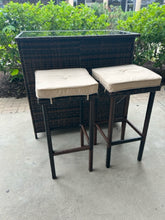 Load image into Gallery viewer, NEW Woven Outdoor Bar with Glass Top and Shelf & Two Stools with Light Tan Cushions