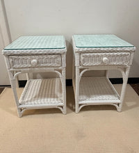 Load image into Gallery viewer, Pair of White Wicker Nightstands with Glass Tops