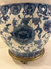Load image into Gallery viewer, Blue & White Ceramic Planter on Wheeled Stand