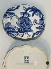 Load image into Gallery viewer, Vintage Blue and White Chinoiserie Lidded Box with "Speak No Evill" Monkey