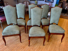 Load image into Gallery viewer, Six French Inspired Art Deco High Back Dining Chairs with Green Herringbone Tweed Upholstery