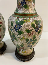 Load image into Gallery viewer, Pair of Vintage Cloisonne Enameled Copper Vases with Wood Base