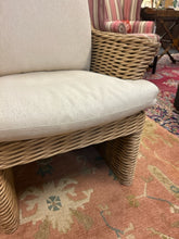 Load image into Gallery viewer, Rounded Back Rattan Armchair wth Cream Herringbone Upholstery