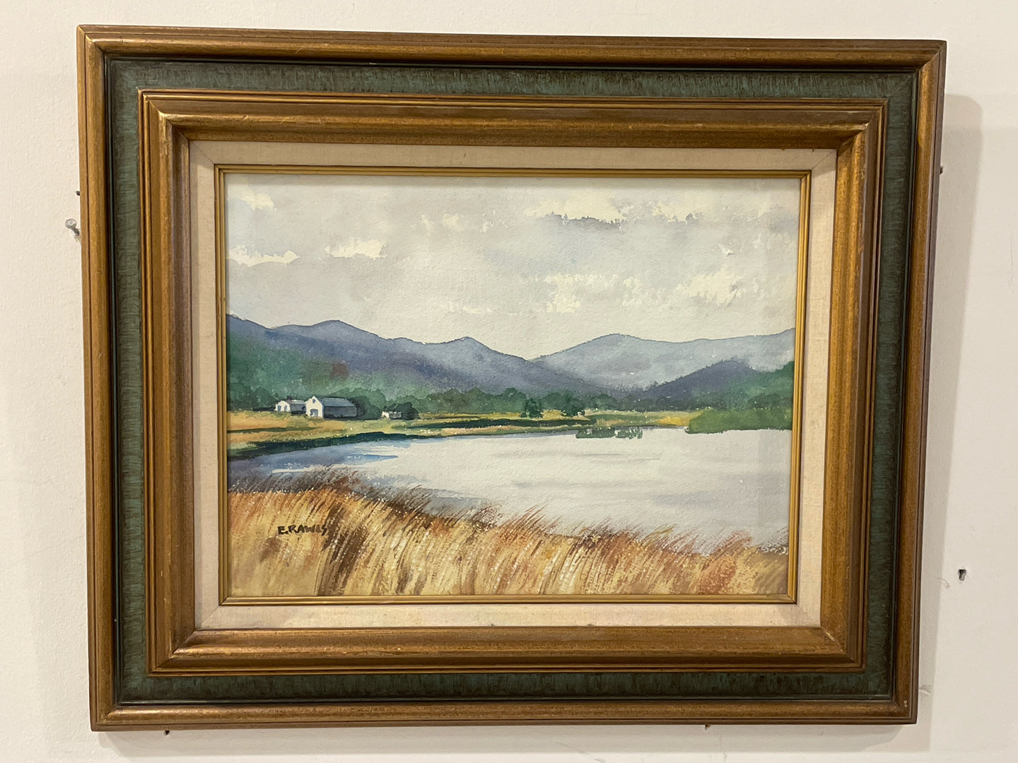 Watercolor Landscape of Mountains & Lake by E. Rawls