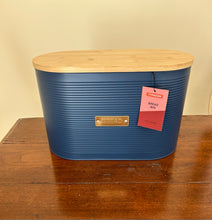 Load image into Gallery viewer, NEW Navy Blue Metal Bread Bin with Wood Lid from Typhoon
